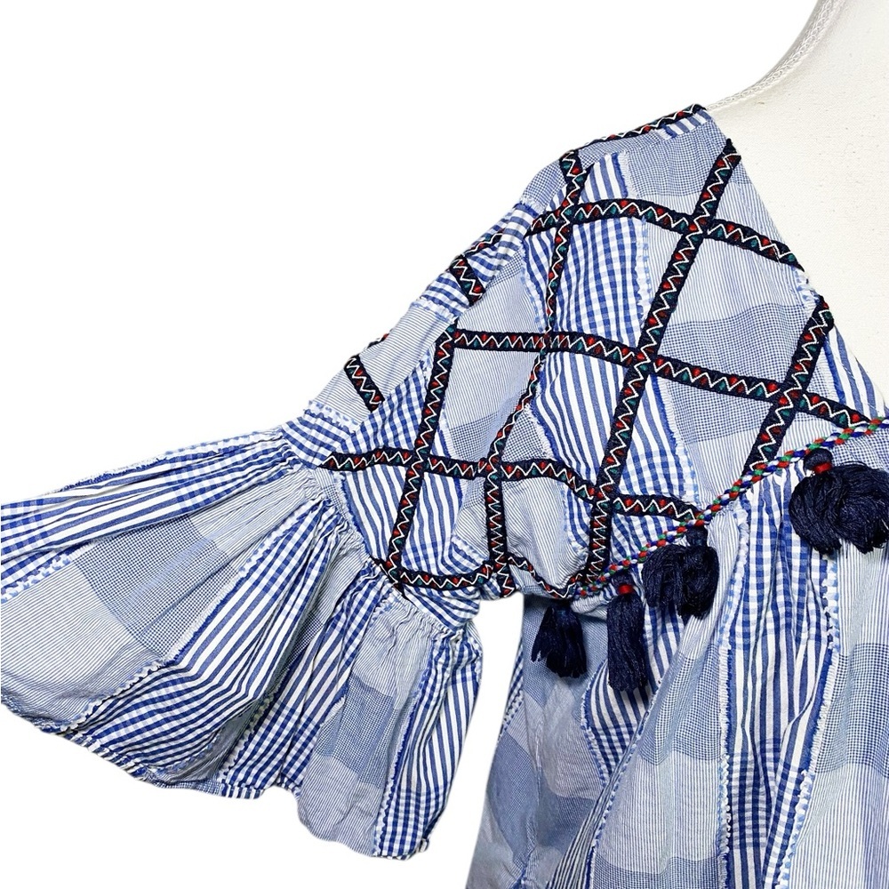 Maeve Blue and White Plaid Patchwork Mini Dress - Picture 5 of 16